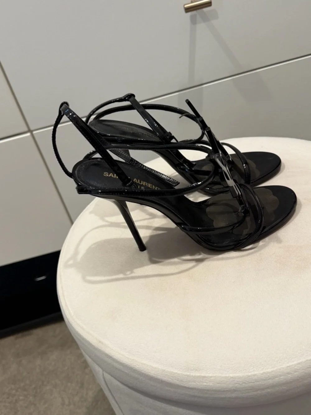 Saint Laurent Black Patent Leather YSL Logo Strappy Heels - Picture 4 of 7